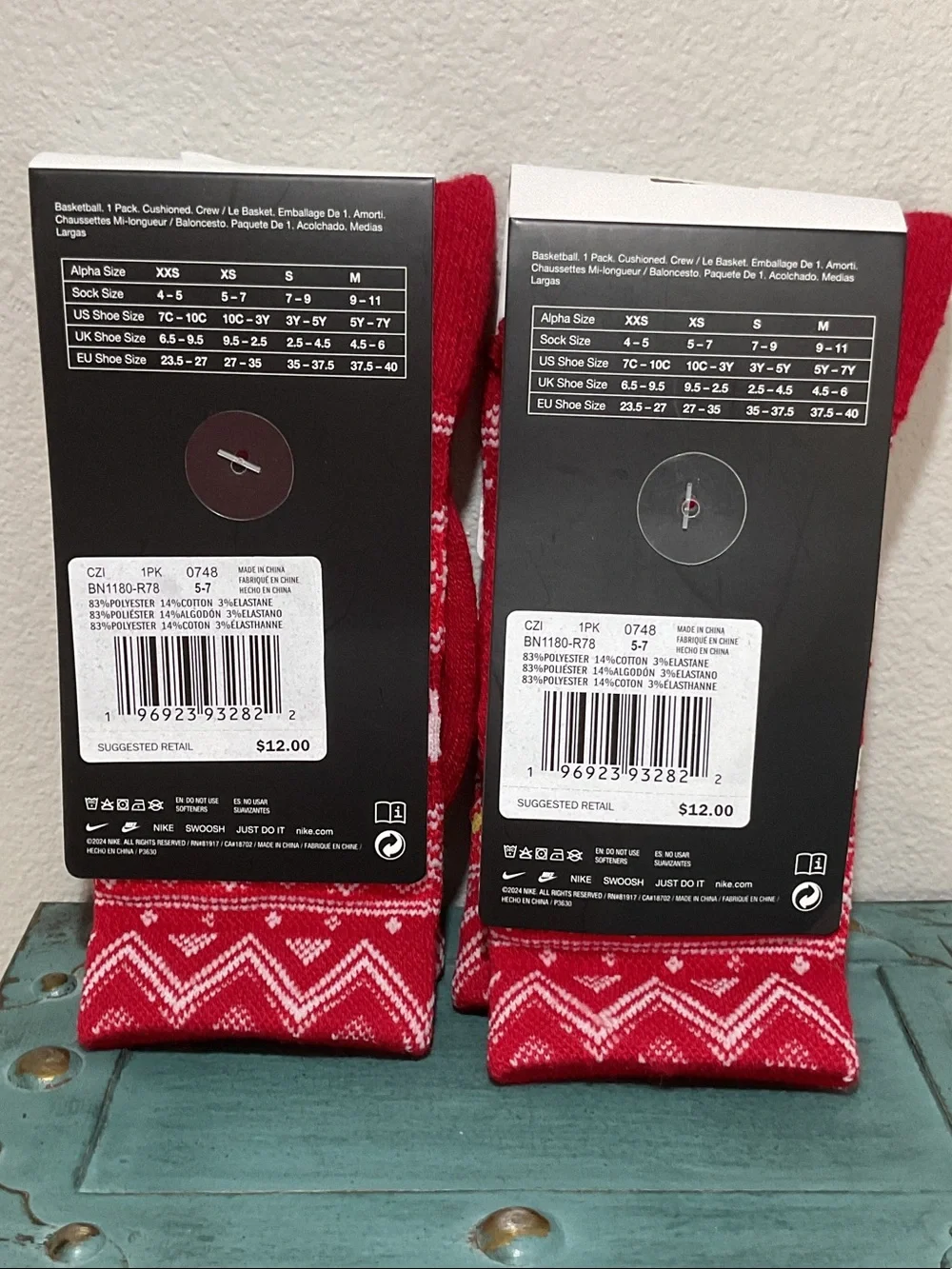 Nike Elite Red and White Patterned Cushioned Crew Socks - 2 Pack